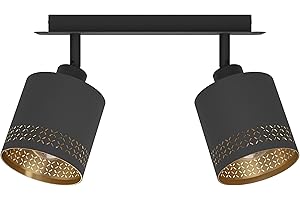 EGLO Lampa sufitowa Esteperra, 2-punktowa lampa sufitowa w stylu vintage, retro, reflektor sufitowy ze stali i tkaniny, lampa do salonu w kolorze czarnym, złotym, lampa kuchenna z oprawą E27