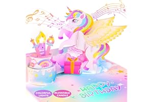 ‎FITMITE FITMITE Musikalische Geburtstagskarte mit Licht, Einhorn 3D Pop-up-Karten Blowable Kerze Jubel Sound, Bday Grußkarten Geschenke für Kinder Mädchen…