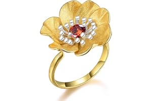 Lotus Fun S925 Sterling Silber Ringe Anemone Blüht Ringe Natürlicher Edelstein Persönlichkeit Temperament Handgemacht Schmuck für Frauen und Mädchen.(Gold- Silver-Red)
