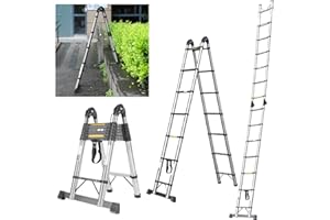 JADDUO Échelle Télescopique en Aluminium 5.6 m (2.8 m + 2.8 m) avec Stabilisateur et Roues Capacité 150 kg Idéale pour Nettoyage Gouttières et Réparations Extérieures