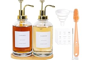 UNU Coffee Syrup Dispenser, 500ml/16.9 oz Glass Syrup Bottle, 2 Pcs Syrup Pump Dispenser with Pump, Contains 36 Labels and Bottle Brush, Funnel, Tray (Gold)