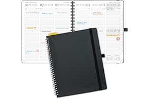 POPRUN Agenda 2024 Semana Vista Vertical Espiral 26,5 x 21,5 cm - Planificador 2024 Semanal con Regla Posicionable, Tapa Blanda en Cuero Vegano y 100 gsm Papel Certificado FSC®, Negro