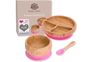 Bubba Bear™ Zestaw dla niemowląt z miską z przyssawką, stabilny talerz do karmienia i łyżeczką dla niemowląt i małych dzieci | darmowy e-book: Bubba Bear Weaning | z naturalnego bambusa