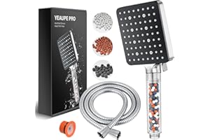 Pommeau de douche Filtrant Economie deau - YEAUPE PRO Pommeau de douche avec Tuyau 1,6 M, Pommeau de douche Anti Calcaire Haute Pression,Pommeau de Douche Carré avec 6 Modes pour salle de bain,Chrome
