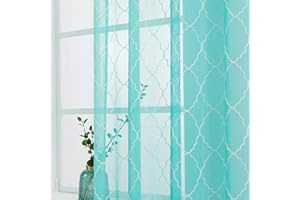 MIULEE 2 Hojas Visillos Bordados Cortinas Translucidas de Dormitorio Moderno Visillo Transparente con Anillas para Ventana Salon Habitación Matrimonio Comedor 140 x 260 cm Geometría Lago Azul