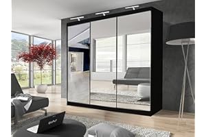 GERMAN SLIDING WARDROBE GSW Bedroom Furniture Modern Full 2 and 3 Mirror Sliding Door Wardrobe With Shelves And LED Light, Hanging Rail (250CM, Black)