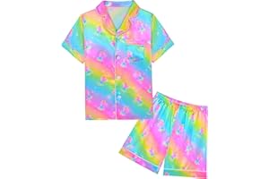 Nidoul Satin Pajamas for Girls Short Sleeve Button Down Silky Pjs Girls' Sleepwear Set for Toddler Kids 3T-10Y