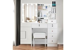 Teousev Dressing Table with Mirror and Stool, Vanity Desk with LED Lights Mirror, 3 colors, Adjustable Brightness, Makeup Desk with Drawers and Open Shelves, Wooden Modern Bedroom Dresser