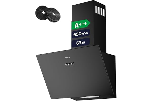CIARRA CBCB6762A Hotte Aspirante Inclinée 60cm Classe A+++ - 650 m³/h - Recyclage & Évacuation - 3 Vitesses - Filtre au Charbon CBCF003 Inclus- Design Noir Modern