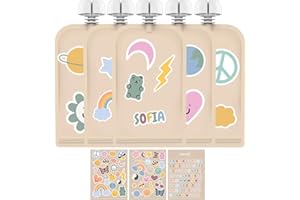 Cherub Baby Reusable Baby Food Pouches 5PK 150ml 5oz +130 Picture & Letter Stickers Permanent, Non-Spill, BPA-Free Leak Proof Yoghurt Smoothie Puree Snack Storage for Toddlers -RetroRainbow