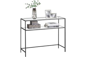 VASAGLE Mesa de Consola, Mesa de Entrada, Extremo del Sofá, Tablero de Vidrio Templado, Marco de Metal, Patas Ajustables, para Salón, Entrada, Pasillo, Negro y Transparente LGT025B01