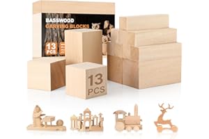 Zikenis 13 Pièces Tilleul Sculpture, 3 Tailles Blocs de Sculpture en Bois de Tilleul, pour Sculptures DIY et Tournage, Enfants Adultes Débutant