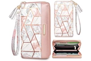 Coco Rossi Wallets for Women PU Leather Card Holder Organizer Ladies Clutch with Tassel Wristlet Wrist strap, Gold Marble, long purse, Modern