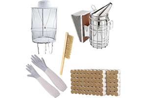 ZffXH Kit d'outils d'apiculture, 5 fumeurs de ruche, 108 boules d'encens, gants en cuir de chèvre taille XL, chapeau d'apiculteur, pinceau, accessoires d'apiculture, kit de démarrage
