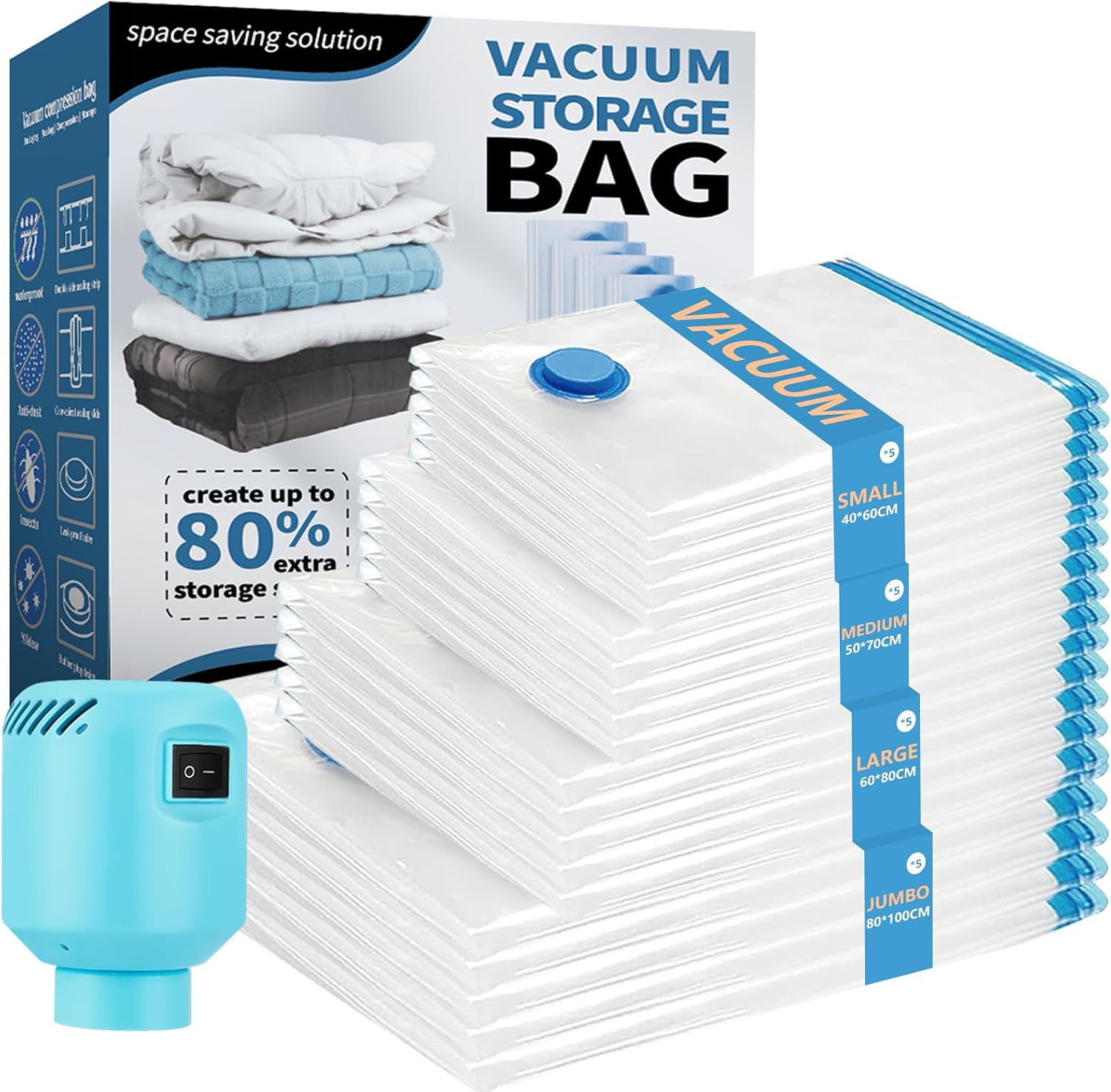 Bolsas de Vacío Ropa con Bomba Eléctrica, 20 Piezas Bolsas Vacío Para Ropa 5XL+5L+5M+5S para Guardar Ropa, Ropa de Cama, Almohadas, Mantas, Edredones, Bolsas ahorradoras de espacio