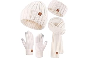 Winuesa Headbands Hat Scarf and Gloves Set Ladies, Chenille Beanie Hat Women Fleece Lined Touchscreen Gloves Women Knit Scarf Ear Warmers 4 in 1 Cold Weather Gift Set