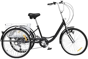 HUSPOO Adult Tricycle 24 Inch, 6 Speed Adults Bike Cruise Trike 3 Wheel with Shopping Basket Light Cargo Trike for Outdoor Sports Shopping