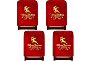 Tatuo 4 Pcs Christmas Chair Covers Chair Back Seat Slipcovers with Poinsettia Gnome Reindeer Xmas Holiday Festival Party Decorations for Dining Room Kitchen (Reindeer)