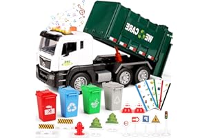 BunnyJOY Garbage Truck Toy with Bins, Interactive Trucks with Sound and Light, Educational Vehicle Playset for 3+ Year Old, Toy Waste Lorry, Gift for Boy Girl Kid 4 5 6 7 8 Year old, Green