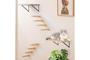 PELUOMOZ Katzen Kletterwand, Katzentreppe Wand 4er-Set mit 2 Kletterstufen & 2 Schlafplattform, Wandmontiertes Kiefernholz Katzenwandmöbel Set für Klettern Spielen Schlafen