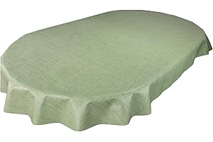 Karina Home Oval Moss Green Linen Look Wipe Clean Tablecloth Vinyl PVC Table Cover Wipeable Table Cloth (Green, Oval 180cm x 140cm)