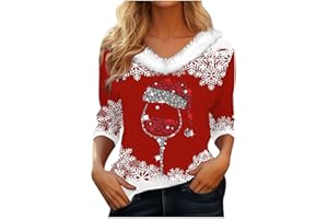 GENERIC Christmas Sweatshirts for Women UK Ladies Tops Xmas Jumpers Furry V Neck 3/4 Sleeve Shirts Xmas Tree Snowflake Wine Glasses Graphic Tees Casual Holiday Pullover Tunic Tshirts