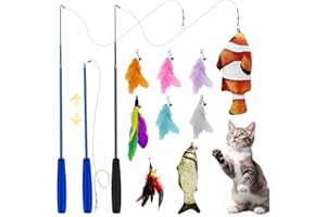 GZqiancang 11 Pièces Jouet Chat, Jouet Chat Interieur,Rétractable Canne a Peche Jouet,Jouets pour Chats à Plumes avec Cloches,Jouet Poisson Chat pour Interactifs Chats