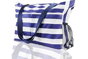 HMIEPRS Large Beach Bag for Women, Waterproof Sandproof Tote Bag with Zip, Foldable Holiday Essentials Shoulder Travel Bag for Shopping Picnic Vacation Swim (Blue & White Stripe)