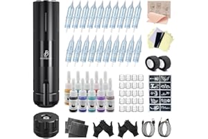 Biomaser Bezprzewodowe pióro do maszyna Zestaw maszyna 1800mAh Obrotowy długopis Kompletny zestaw z 20 szt. Igła 10 szt. Tusz Bandaż Skórny Wygodny dla początkujących i artystów