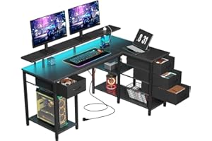 Seventable Computertisch L Form mit 4 Schubladen & Ablageflächen, Gaming Tisch mit LED & Steckdosen, Gaming Schreibtisch mit Monitorständer für Homeoffice, Schlafzimmer, Wohnzimmer (Schwarz, 120 cm)