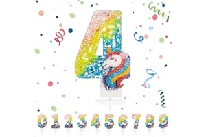 PARTYHAUSY Bougies d'anniversaire Numéro 4,3D Arc-en-ciel Licorne Bougie Chiffre 4,Licorne Decoration Gateau Anniversaire,Bougies Gâteau Topper Decoration,Pour Les Enfants, Adultes