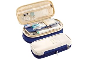 LHMTQVK Large Capacity Pencil Case Pencil Pouch Handheld Pen Bag, school pencil case for Teen Girl Boy Men Women Adult (Navy blue-beige)