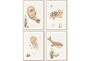 MeinBaby123® Unterwasserwelt Poster | 4er Set DIN A4 | Robbe, Qualle, Schildkröte, Wal | Kinderzimmer Deko Meer | Bilder | Geschenk zur Geburt (Unterwasserwelt V8)