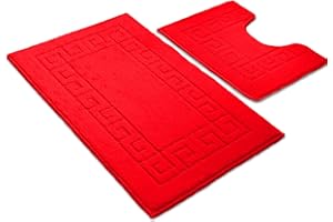 Ambience Products Greek Key Pattern Bath Mats 2 Piece Sets Non Slip Bathroom Mat, Soft Washable Rug Quick Dry Water Absorbent Bathroom Shower Mat & Pedestal Set (Red)