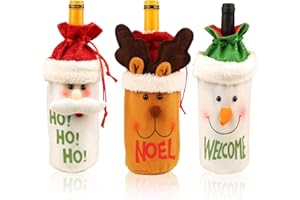 LAPONO 3pcs Navidad Funda para Botella de Vino Papá Noel Elk Santa Muñeco De Nieve patrón Cubierta de la Botella de Vino de Regalo Bolsas para Decoración Hogar de la Mesa de Cena para