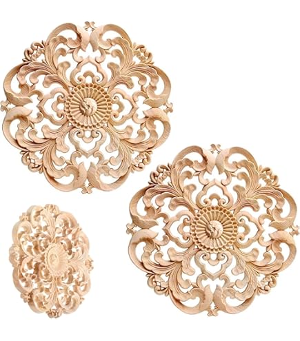 Decorazioni In Legno Intagliato Per Mobili - 2 Pezzi Rotondi Motivo Floreale