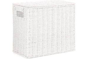EHC Multi-Purpose Handwoven Slimline Paper Rope Bathroom Storage Unit, Toilet Roll Paper Cabinet, Compact Storage Box, Multi-Purpose Cleaning Caddy With Inbuilt Handles & Lid, White, 35 x 18 x 30 cm
