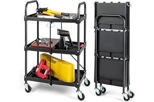 GYMAX Chariot Servante d’Atelier Pliable à roulettes 3 Niveaux, Rangement d'Outils, 2 Rouelettes avec Freins, Compartiments Trié, Cadre Métallique, pour Garage Cuisine Studio