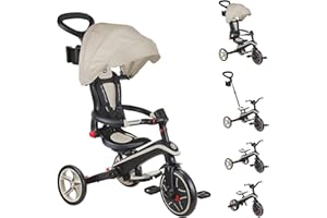 Globber Foldable Explorer Trike and Balance Bike 4 in 1 with Adjustable Canopy - Parental Steering Handle - Cup and Phone Holder - Safety Harness - 10 Months to 5 Years - 2 Year Warranty (Taupe)