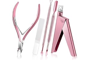 ALLE'S Kit de cortaúñas acrílico 5 en 1 con lima de uñas de cristal, cortador de cutículas y empujador de cutículas, limpiador de uñas de gel de uñas de acero inoxidable, rosa