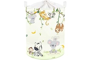 Clastyle 45L Ceste Biancheria Animali Della Giungla Cestino Portaoggetti Giocattoli Forma Leone Giraffa Blanche Tondo Pieghevole per Camera dei Bambini, 36x45 cm