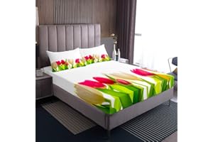 LOUSSIESD Set di lenzuola con tulipani con floreale botanico ragazzi e ragazze, set di biancheria da letto con fiori colorati, set di biancheria da letto romantico con floreale, 3 pezzi