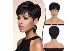 RUWISS Pixie Cut Parrucca di Capelli Veri Ondulato Parrucca di Capelli Umani con Storia Corta Wavy Diversi Stili di Parrucche Corte per Donne Nere (1B#)
