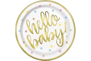 Unique Party 73525 - Foil "Hello Baby" Gold Baby Shower Paper Plates, Pack of 8