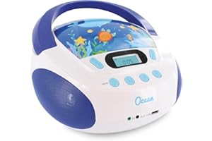 MOOOV 477170 Lettore CD Portatile per Bambini con USB, Presa per le Cuffie – Stereo Baby Boombox con Gira CD – Lettore Musicale per Casa e Viaggio, Design Colorato - Modello di Ocean - Blu/Bianco