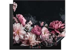 KitchenYeah© Protection Plaque Induction 60x52 cm Protege Deco Cuisine Cache Protège De Cuisson Accessoire Fleurs - Rose - Nature - Noir