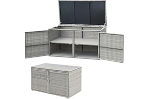KOMFOTTEU Rattan skrzynia do przechowywania z podwójnymi drzwiami i pokrywą, 2-poziomowa szafka ogrodnicza, trwałe pudełko do przechowywania, pojemnik do przechowywania do ogrodu, na podwórko (szary)