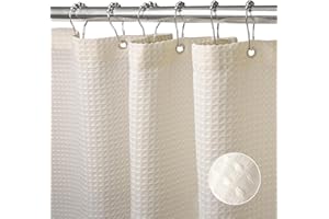 VANZAVANZU Shower Curtain for Bathroom with Metal Hooks Waffle Fabric Shower Curtain Heavy Duty Bath Curtain for Wet Room Bathtub Shower Stall, Weighted Hem, Water Resistant - 182 x 182cm (Cream)