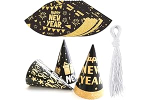 Pejlnd New Years Eve Party Hats - 12Pcs New Years Eve Decorations 2026 Black Gold Cone Hat Happy New Year Party Hats New Year Photo Props Headwear for 2026 New Year's Eve Party Favour Accessories