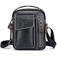 BULLCAPTAIN Men's Small Shoulder Bag, Genuine Leather Bag, Retro lightweight Cross Body Everyday Satchel Bag for Business Casual Sport Hiking Travel, Black, 2T, Traveling